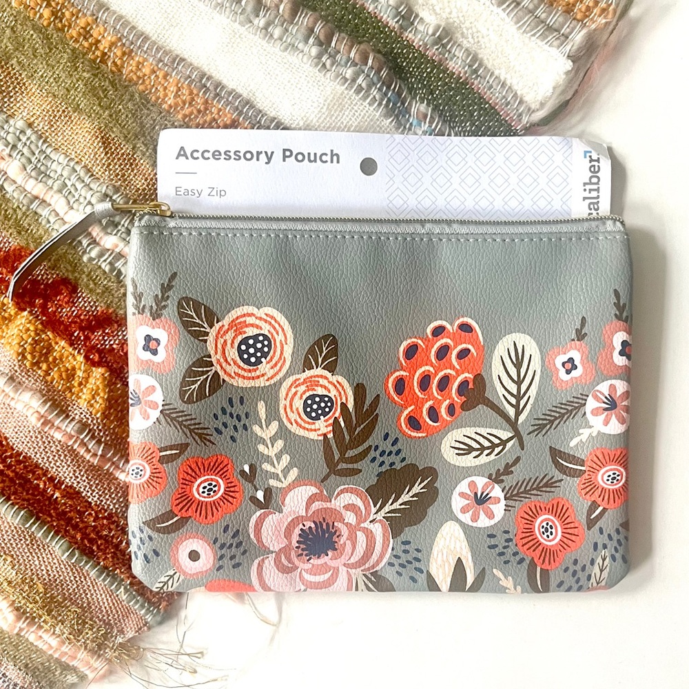 (home) 🏷️ caliber • gray faux leather red floral print pencil pouch